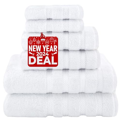 American Soft Linen Luxury 6 Piece Towel Set, 2 Bath Towels 2 Hand Towels 2 Washcloths, 100% Turkish Cotton Towels for Bathroom, White Towel Sets