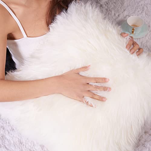 Outlavish Sheepskin Pillows, Real Genuine Lambskin Rabbit Fur Throw Decorative Cushion Case Covers for Couch & Bedroom, Luxuriously Soft & Fluffy, Set of Two (Pearl White, 18x18)