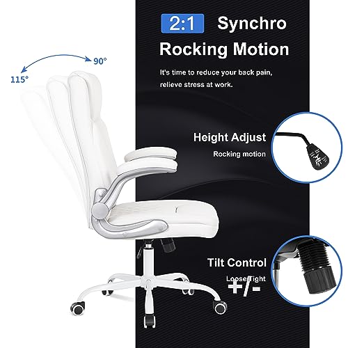 Misolant Office Chair, Executive Desk Chair, Comfortable Executive Chair, Executive Office Chair with Flip Up Armrest, Big and Tall Office Chair with Adjust Height, Leather Office Chair Ivory White