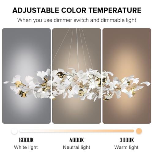 GREMLBUK 59 Inch White Rectangle Chandelier Gold Ceramic Ginkgo Leaf Chandeliers Brass Large Chandelier Modern Hanging Lights Fixture for Living Room Dining Room Kitchen Island,10-Light