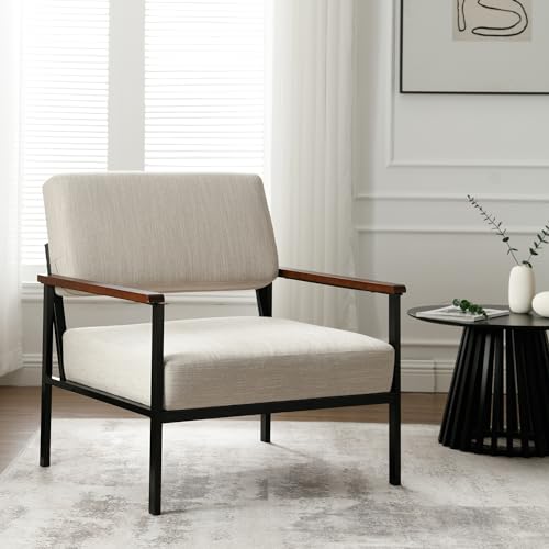 Wahson Mid Century Modern Accent Chair, Comfy Armchair Linen Upholstered with Black Metal and Wooden Frame, for Living Room/Bedroom/Reading Room/Dining Room, Beige