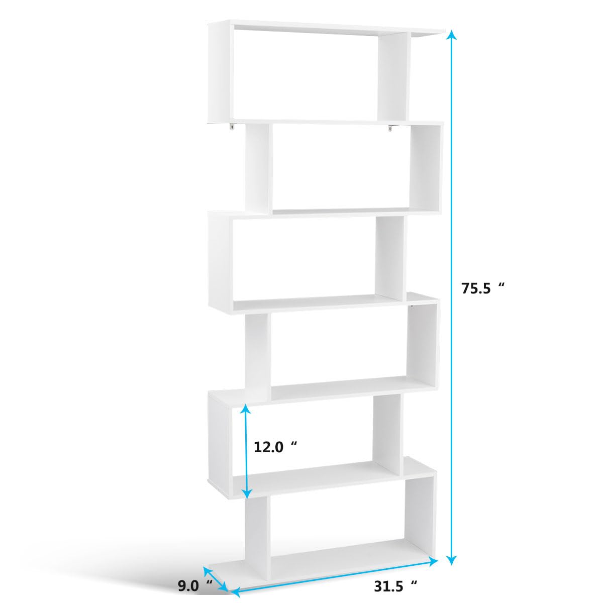 Tangkula 6 Shelf Bookcase, Modern S-Shaped Z-Shelf Style Bookshelf, Multifunctional Wooden Storage Display Stand Shelf for Living Room, Home Office, Bedroom, Bookcase Storage Shelf (2, White)