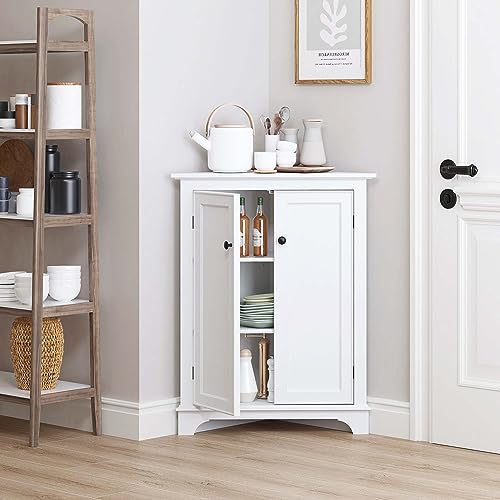 Spirich Floor Corner Cabinet with Doors and Shelves, Freestanding Bathroom Corner Storage Cabinet for Bathroom, Kitchen, Living Room, Bedroom, White