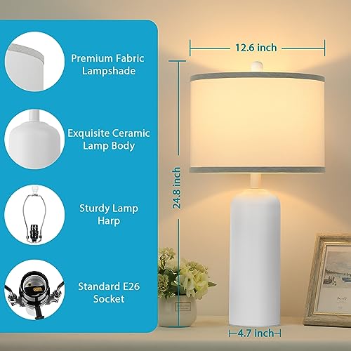 Ceramic Table Lamps Set of 2 for Bedroom Living Room, 24.8'' Modern Matte White Bedside Nightstand Lamp with Linen Drum Shade, Farmhouse Rustic Night Light Desk Decor for Kitchen Read Study Office