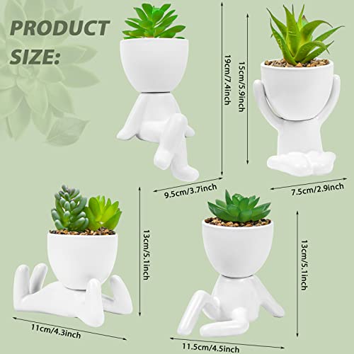 LJMBOEN 4 PCS Cute Fake Succulent with Creative Human Shaped Pots,Mini Ceramic Plant Potted Succulents for Women Men,Faux Succulents Plants for Office,Home,Bathroom and Shelf Decor (White)