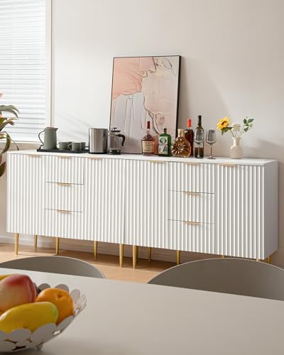 SICOTAS White Storage Cabinet with Drawers, Fluted Sideboard Buffet Cabinet Featuring Spray-Painted Finish, Credenza Accent Cabinet Console Table with Drawers for Entryway, Living Room, Dining Room