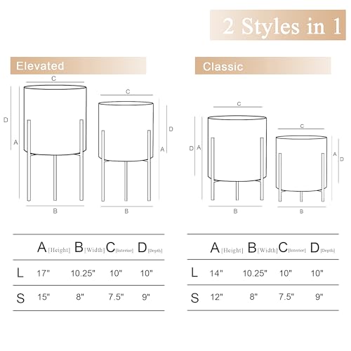 ARNIS Plants Pots with Stand, Indoor Planter Pots, Unique Mid Century Decorative Metal Flower Pots with Drainage, 8 & 10.25 Inch, White and Gold