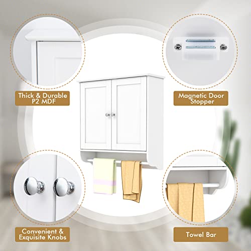 Tangkula Bathroom Cabinet Wall Mounted, Bathroom Medicine Cabinet with Bar & Double Door & Adjustable Shelf, Over The Toilet Storage Cabinet, Hanging Cabinet for Bathroom Laundry Kitchen