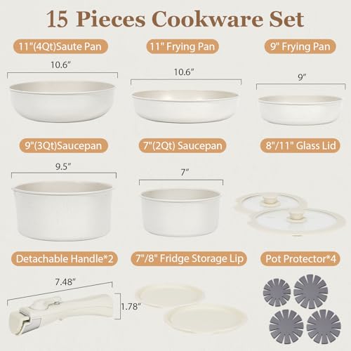 SODAY Pots and Pans Set Non Stick, 15pcs Kitchen Cookware Set Detachable Handle, Induction Kitchen Cookware Sets Nonstick with Removable Handle, RV Cookware Set, Oven Safe (White)