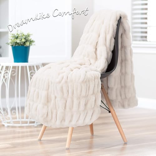 Chanasya Premium Ruched Faux Fur Throw Blanket - Luxurious, Soft Reversible Mink Blanket - 50" x 65” - Cloud