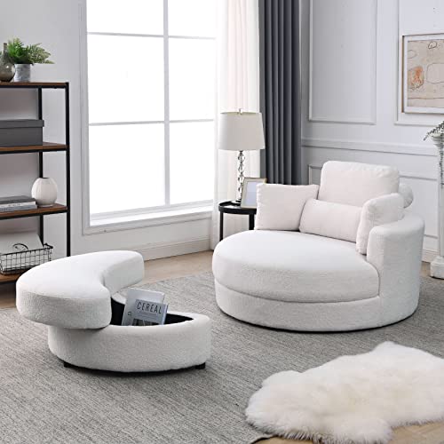 HomSof Swivel Accent Barrel Modern Grey Sofa Lounge Club Big Round Chair with Storage Ottoman Linen Fabric for Living Room Hotel with Pillows, White