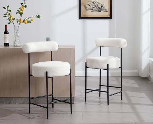 CIMOTA White Counter Height Bar Stools Set of 4 Upholstered Boucle Barstools Modern Counter Stools with Backs/Black Metal Legs for Kitchen Island/Counter/Bistro/Pub, 26 Inch/Sherpa White