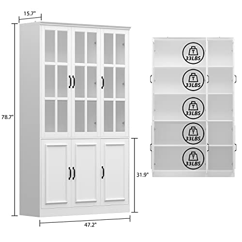 Homsee Tall Bookcase Bookshelf with Storage Shelves & 3 Glass Doors, Wooden Display Storage Cabinet with 10 Compartments for Home Office, Living Room, White (47.2”W x 15.7”D x 78.7”H)