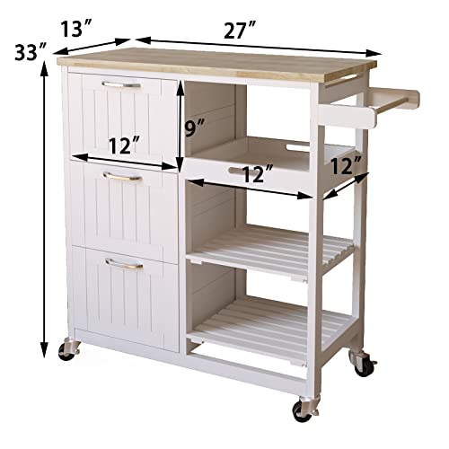 NSdirect Kitchen Island Cart,Industrial Kitchen Bar&Serving Cart Rolling on Wheels Utility Storage Trolley with 3-Tier Wine Rack Shelves&Three Storage Drawers,Soild Rubber Wood Top