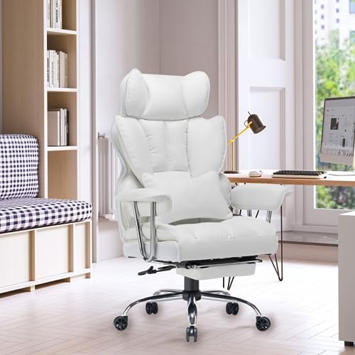 Efomao Ergonomic Office Chair, Big and Tall High Back PU Leather Wide Computer Office Chair Executive Office Chair Lumbar Support Leg Rest for Heavy People, White Office Chair