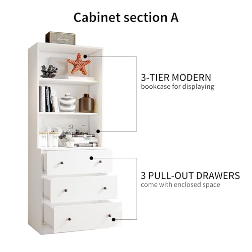 VOWNER Vertical File Cabinet, 3-Tier Modern Bookshelf with 3 Large Drawer, Wood Filing Cabinet with Open Storage Shelf, Glass Doors and Fixed Storage Shelves for Home Office, White