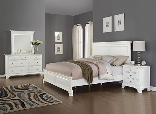 Roundhill Furniture Laveno 012 White Wood Bedroom Furniture Set, Includes Queen Bed, Dresser, Mirror and Night Stand