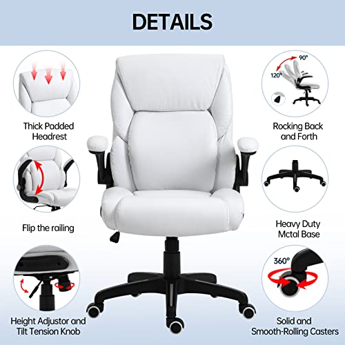 Leather Executive Office Chair- Ergonomic High Back PU Home Computer Desk Chair with Padded Flip-up Arms, Adjustable Height with Thick Seat and Tilt Function for Working Study, White