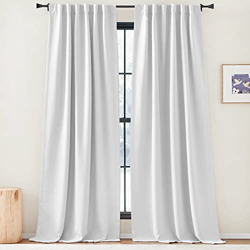 NICETOWN Faux Linen Room Darkening Living Room Curtains, Pinch Pleated Curtains Thick Linen Blend Thermal Insulated Noise Reducing Window Drapes for Bedroom, Greyish White, W50 x 90, Set of 2