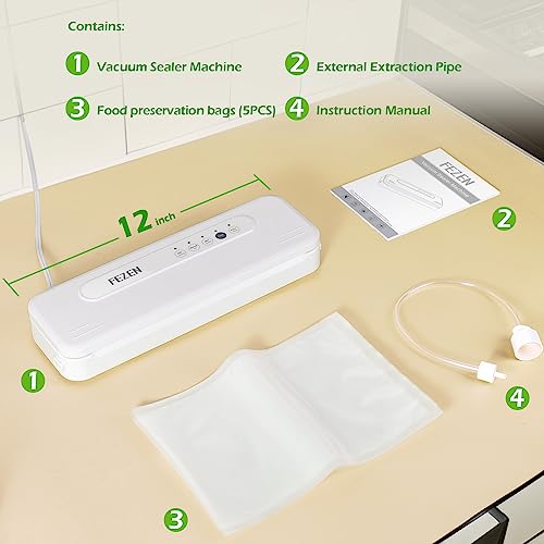 FEZEN Vacuum Sealer Machine for Food, Food Saver Machine 5-in-1 Food Sealer Automatic Vacuum Air Sealing Machine for Dry/Moist Food Storage with Vacuum Seal Bags & Air Suction Hose, White