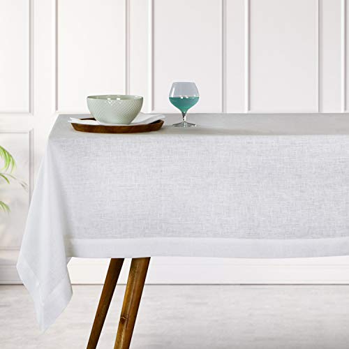 D'Moksha White Tablecloth 60 x 120 Inch, Pure Linen Tablecloth 120 Inches Long, Christmas Tablecloth, Rectangle Tablecloth for Fall, Thanksgiving - Machine Washable, Earth Friendly - Hemmed