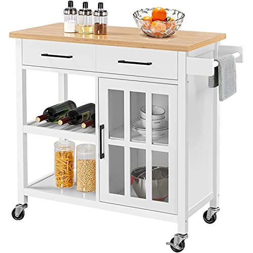 Yaheetech Kitchen Island on Wheels with Drawers, Rolling Kitchen Cart with Tempered Glass Storage Cabinet Door, Bamboo Top, 2 Tiers Shelves, and Towel Rack, 40x18x36 Inches, White