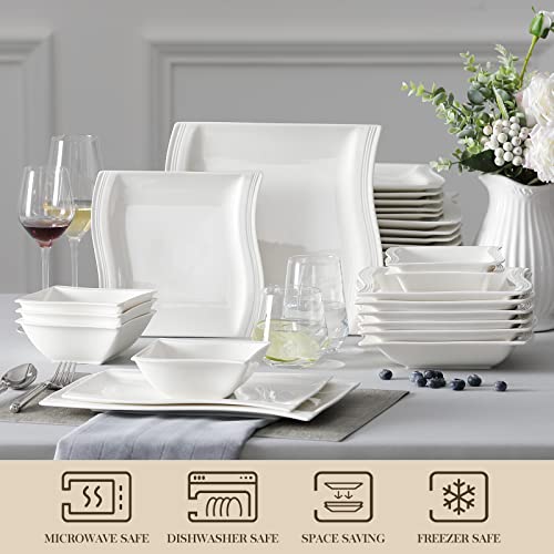 MALACASA Plates and Bowls Sets, 26 Piece Ivory White Square Dinnerware Sets for 6, Porcelain Dinnerware Set with Dinner Plate Set, Cereal Bowls and Serving Platters, Kitchen Dish Set, Series Flora