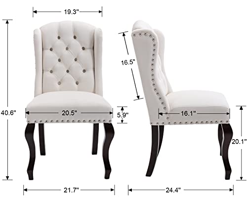 DM Furniture Velvet Dining Chairs Farmhouse Solid Wood Accent Chairs Side Host Kitchen Chair with Tufted Back for Dining Room/Living Room/Bedroom (Set of 2, Cream)