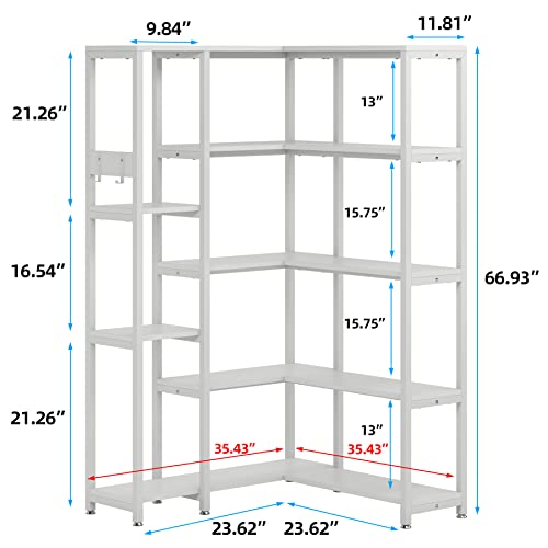 TIYASE 5-Shelf Corner Bookshelf, Modern Large Corner Etagere Bookcase, 5-Tier Tall Corner Shelf Display Storage Rack with Metal Frame for Living Room Home Office, White