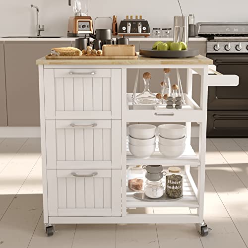 NSdirect Kitchen Island Cart,Industrial Kitchen Bar&Serving Cart Rolling on Wheels Utility Storage Trolley with 3-Tier Wine Rack Shelves&Three Storage Drawers,Soild Rubber Wood Top