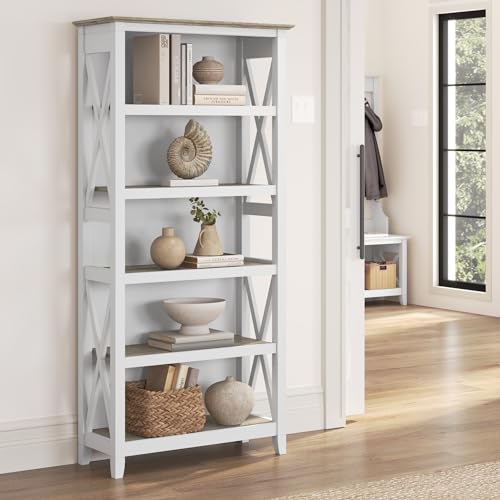 Bush Furniture BSH24470221 Key West 5-Shelf 66-Inch H Bookcase, Shiplap Gray/Pure White