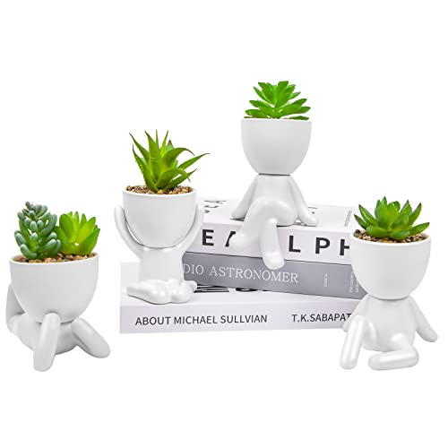 LJMBOEN 4 PCS Cute Fake Succulent with Creative Human Shaped Pots,Mini Ceramic Plant Potted Succulents for Women Men,Faux Succulents Plants for Office,Home,Bathroom and Shelf Decor (White)