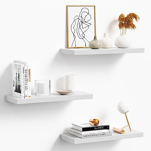 oridom Floating Shelves for Wall, White Wood Wall Shelf Set of 3, 16" Wall Mounted Floating Shelf for Kitchen, Living Room, Bedroom, Bathroom Storage, Book Shelf for Wall Home Decor, Frame Display