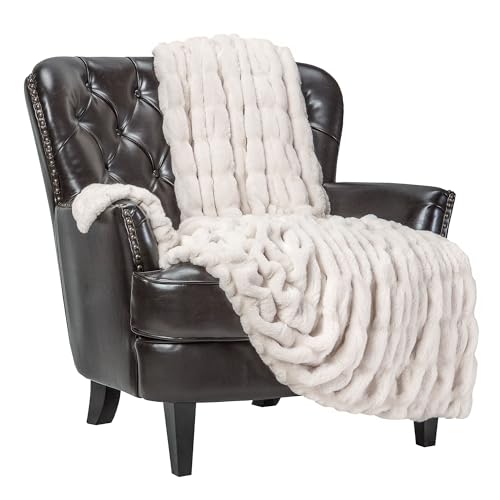 Chanasya Premium Ruched Faux Fur Throw Blanket - Luxurious, Soft Reversible Mink Blanket - 50" x 65” - Cloud