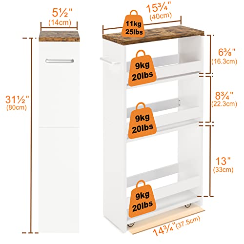 TEAMIX 4 Tier White Slim Storage Cart with Handle, Slide Out Storage Rolling Utility Cart Mobile Shelving Unit Organizer Trolley for Small Spaces Kitchen Laundry Narrow Places