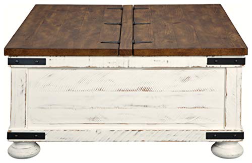 Signature Design by Ashley Wystfield Farmhouse Square Storage Coffee Table with Hinged Lift Top, Distressed White