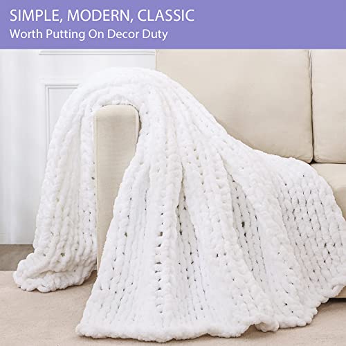 Bigacogo Chunky Knit Blanket Throw 51"x63", 100% Hand Knitted Chenille Throw Blanket, Big Soft Thick Yarn Cable Knit Blanket, Large Rope Knot Crochet Throw Blankets for Couch Bed Sofa (White)