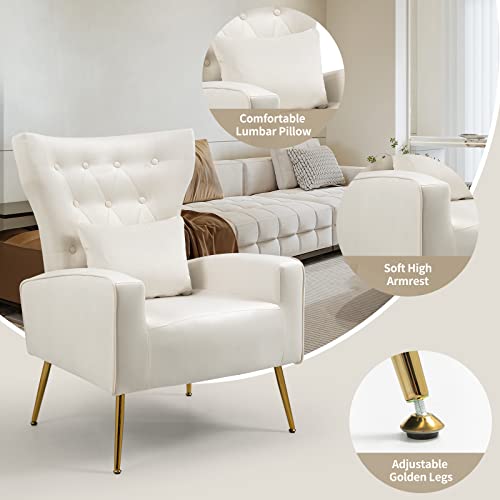 ZJhome Button-Tufted Living Room Chairs Set of 2, WingBack Velvet Accent Chair Armchair with Lumbar Pillow, Bedroom Chairs Vanity Chair Arm Chair with Golden Legs, Cream