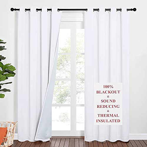 NICETOWN Sound Barrier 100% Blackout Divider Curtains 84", Noise, Heat and Cold Blocking Drapes with Felt Fabric Lining for Noise Reducing/Nursery/Daytime Sleep/Bedroom (White, 2 PCs, 52" Wide)