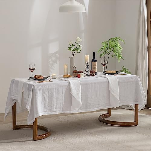 EVERLY Pure Linen Hemstitch Tablecloth,100% Stonewashed French Linen tablecloths for Kitchen Dining Rectangle Tables,60x144Inch Machine Washable Christmas Thanksgiving Organic Tablecloth-White