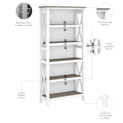 Bush Furniture BSH24470221 Key West 5-Shelf 66-Inch H Bookcase, Shiplap Gray/Pure White