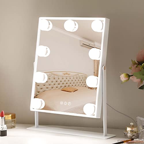 Leishe Vanity Mirror with Lights Hollywood Lighted Makeup Mirror with 9 Dimmable Bulbs & 3 Color Lighting Modes, Detachable 10X Magnification Mirror and 360 Degree Rotation(White)