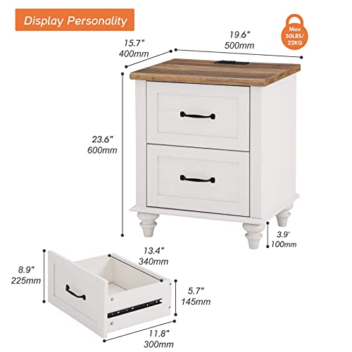 WAMPAT White End Table with Charging Station, Set of 2 Nightstands with Drawers, Mid Century Side Table with 2 Power Outlets & 2 USB Ports, Night Stand for Bedroom & Living Room