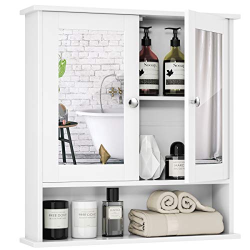 Tangkula Bathroom Cabinet, Wall Mount Storage Cabinet with Double Mirror Doors, Wood Medicine Cabinet(White)