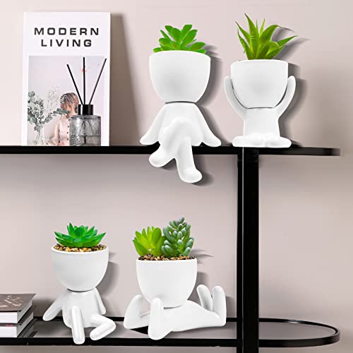 LJMBOEN 4 PCS Cute Fake Succulent with Creative Human Shaped Pots,Mini Ceramic Plant Potted Succulents for Women Men,Faux Succulents Plants for Office,Home,Bathroom and Shelf Decor (White)