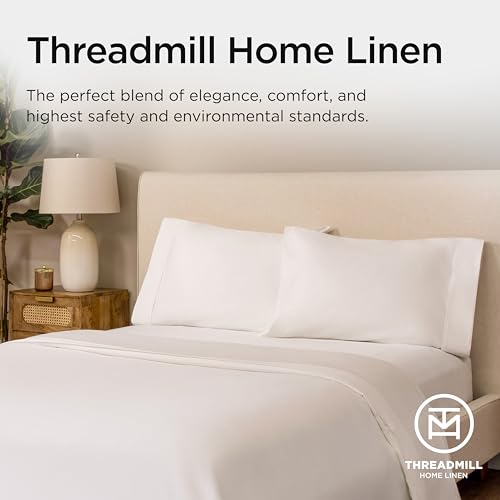 Threadmill Luxury Supima Cotton Sheets, 1200 Thread Count 100% Cotton Sheets for King Size Mattress, 4 Pc White King Size Sheets Set, 5-Star Hotel Quality with Elasticized Deep Pocket King Sheets