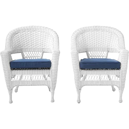 Jeco Wicker Chair with Blue Cushion, Set of 2, White/W00206-