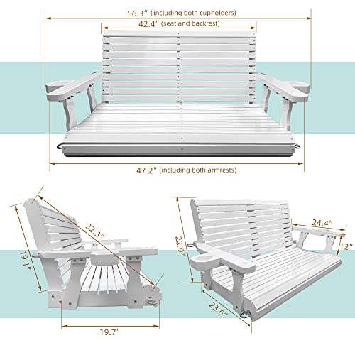 Wooden Porch Swing 2-Seater, Bench Swing with Cupholders, Hanging Chains and 7mm Springs, Heavy Duty 800 LBS, for Outdoor Patio Garden Yard (White)