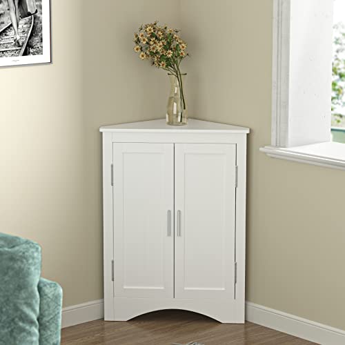 QSSLLC Bathroom Corner Cabinet, Home Floor Storage Cabinet with Two Doors & Adjustable Shelves, Freestanding for Bathroom, Bedroom, Kitchen