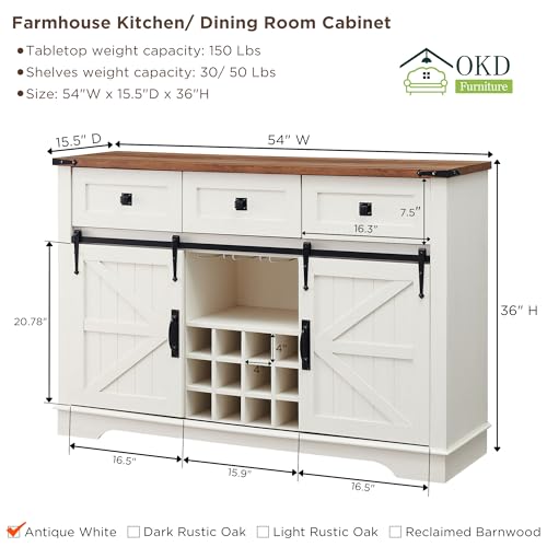 OKD Farmhouse Buffet Cabinet, 54" Coffee Wine Bar Cabinet w/ 3 Drawers, Sliding Barn Door, Wine & Glass Rack, Storage Shelves, 36" Tall TV Stand for 55 Inch TVs for Kitchen, Dining Room, Antique White